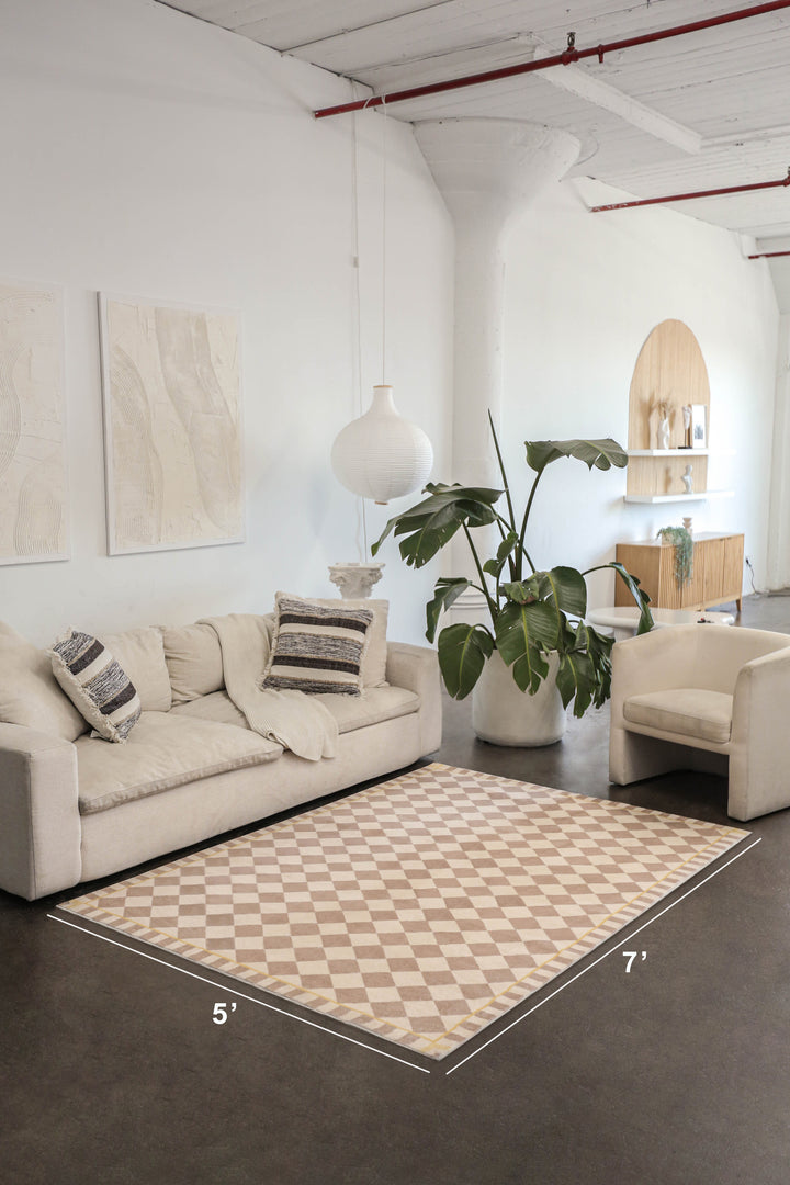 LanySpace Beige and Cream Checkered Rug 5x7 