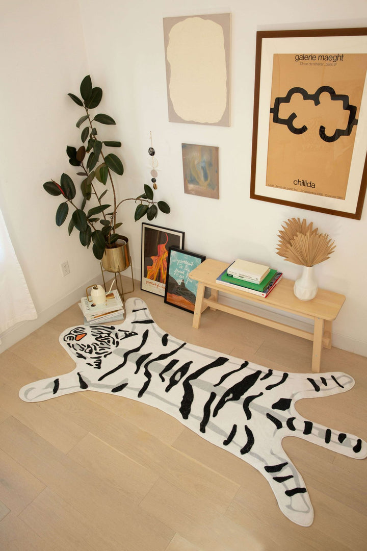 LanySpace White Tiger Print Rug in a corner