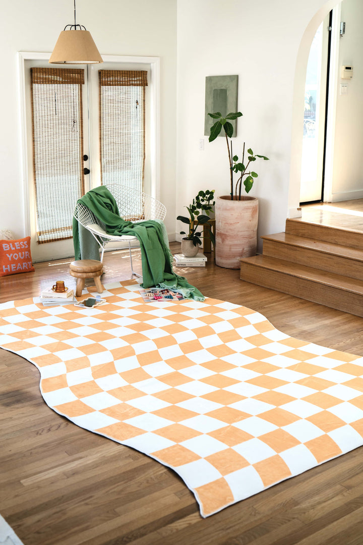 Lany Space Yellow Wavy Checkered Rug 7‘x10’ in Living Room