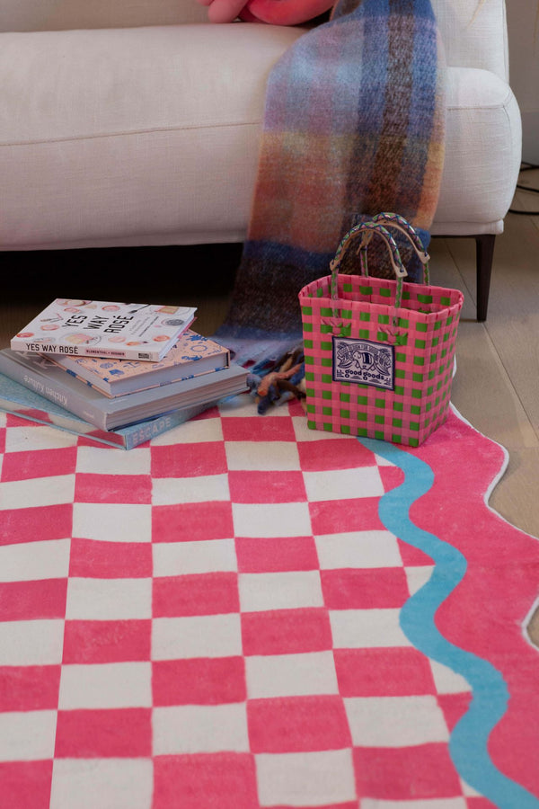 Pink and Blue Lace Checkered Rug