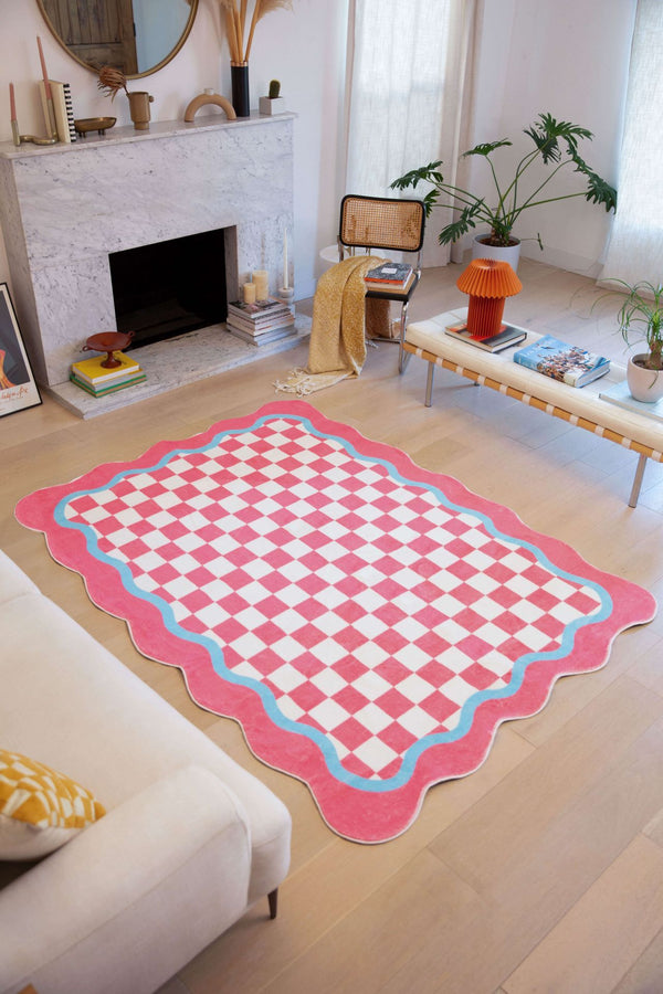 Pink and Blue Lace Checkered Rug
