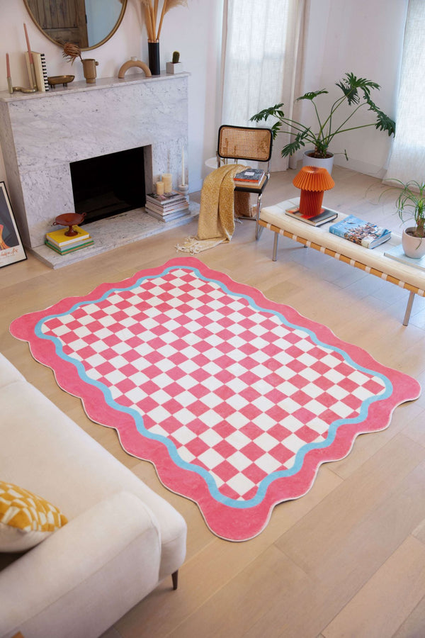 LanySpace Pink and Blue Lace Checkered Rug in Living Room