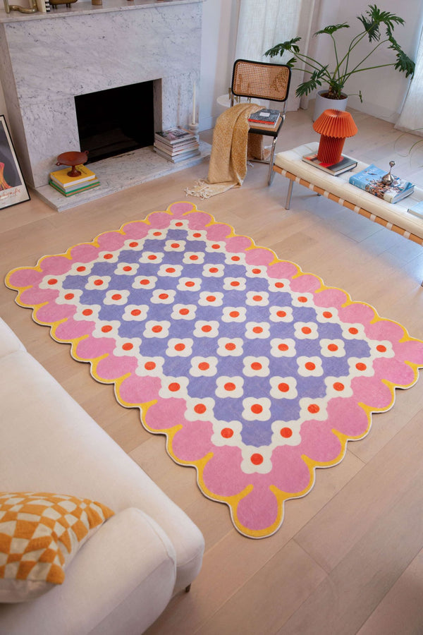 LanySpace Pink and Purple Floral Area Rug in Living Room