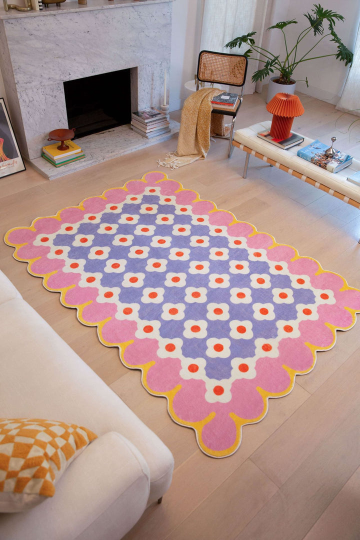 LanySpace Pink and Purple Floral Area Rug in Living Room