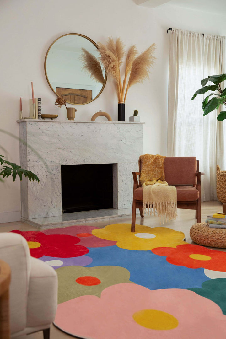 LanySpace Funky Flowers Rug, 7x10, in living room with fireplace and chair