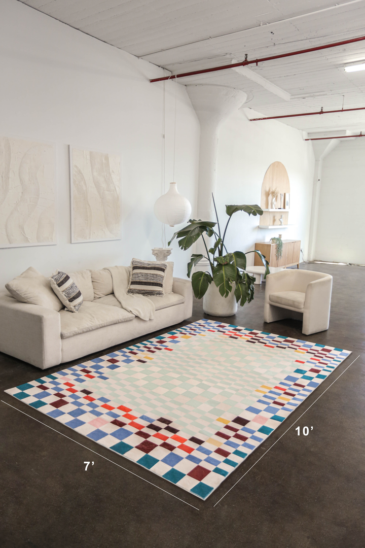 LanySpace Pixel Multicolor Checkered Rug in 7' x 10'
