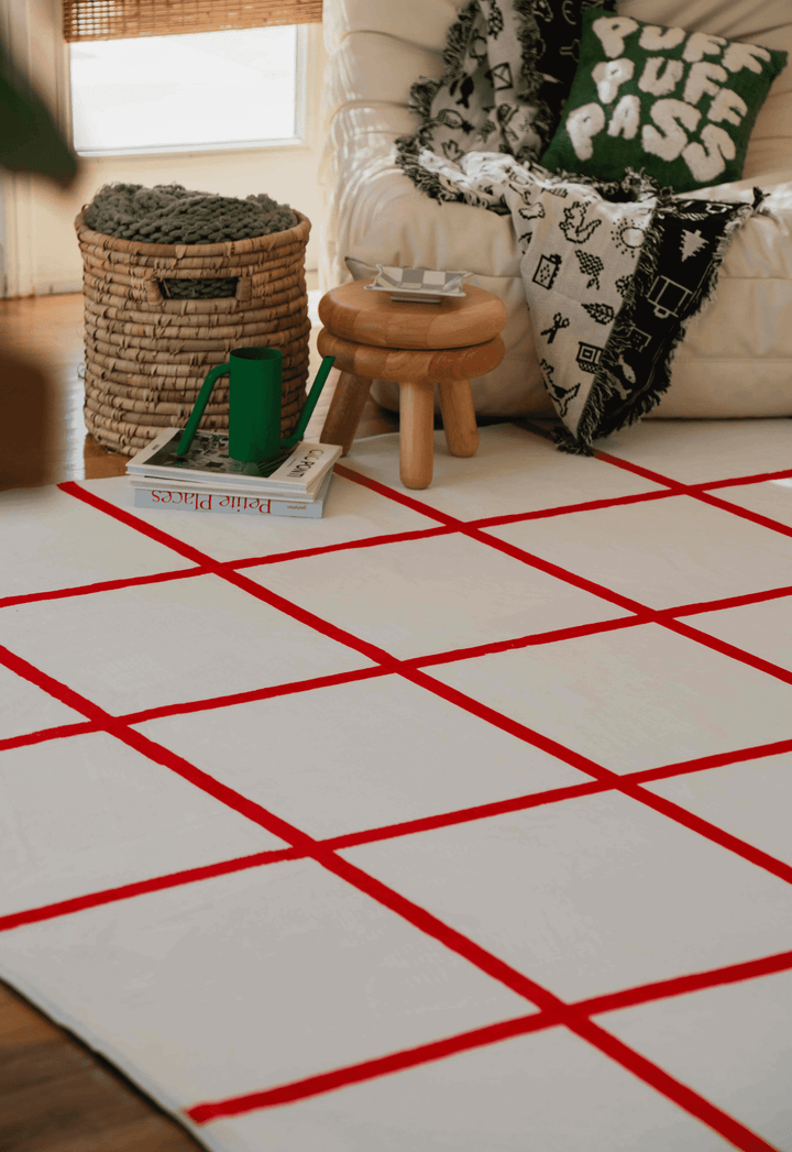 LanySpace Red and White Grid Modern Rug in the corner