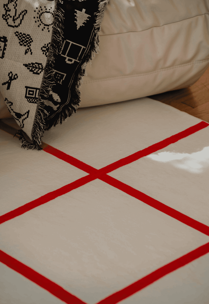 LanySpace Red and White Grid Modern Rug under a white couch