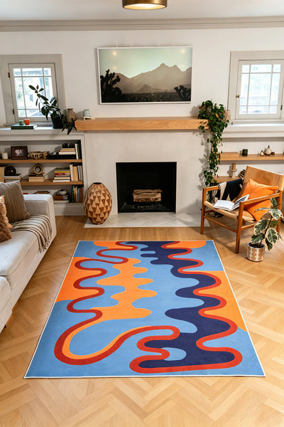 Blue and Orange Abstract Wave Rug by Ariana Berman – Lany Space
