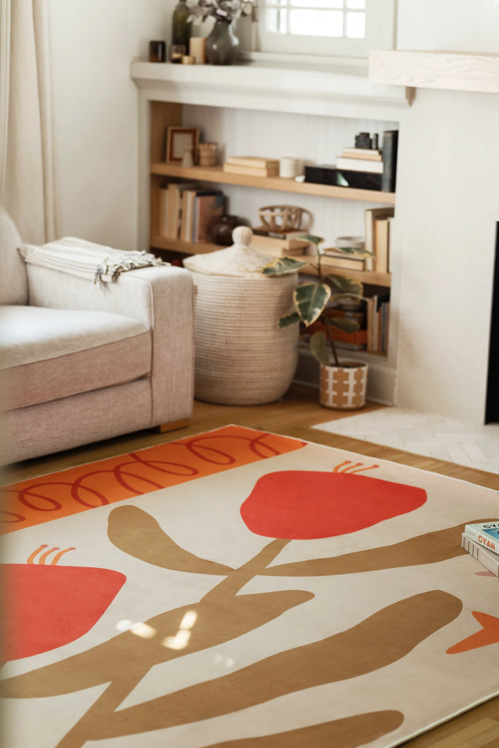 Red Retro Floral Abstract Rug by Sophie Deller – Lany Space