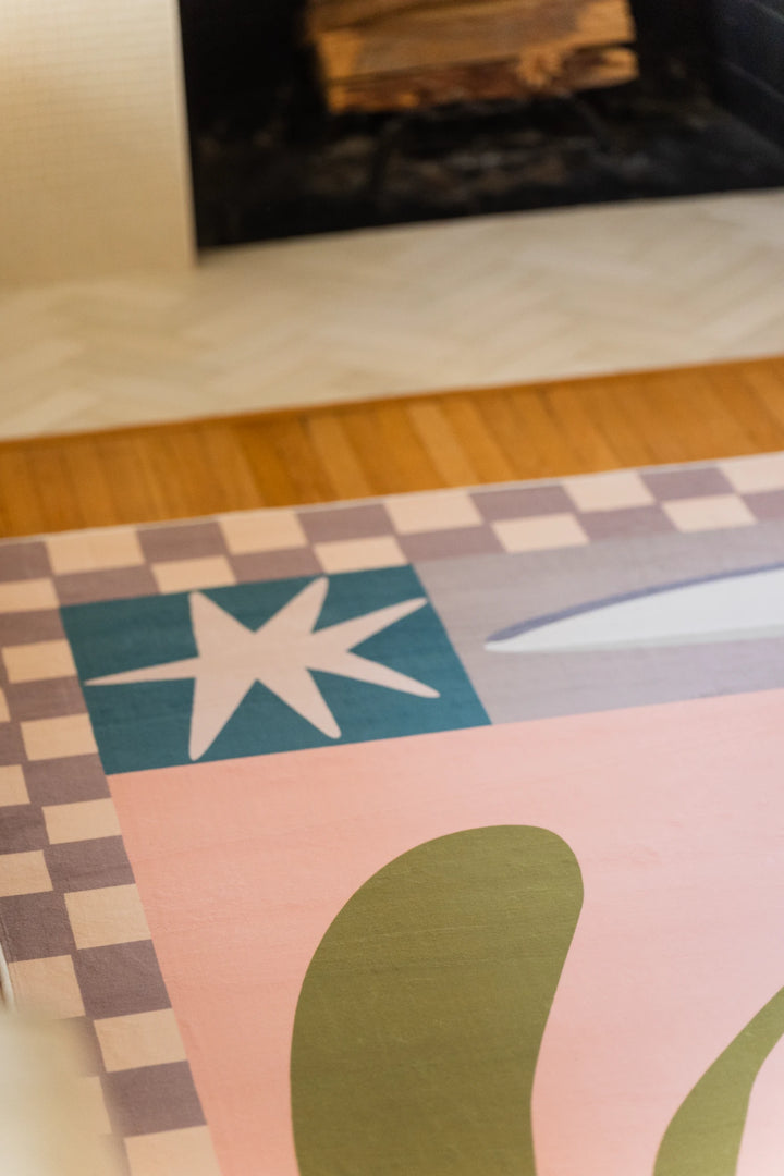 Blush Pink Vintage Checkered Floral Area Rug by Sophie Deller – Lany Space