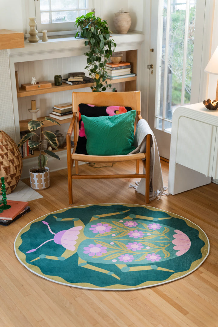 Green Graphic Beetle Floral Round Rug by Jessica Miller – Lany Space