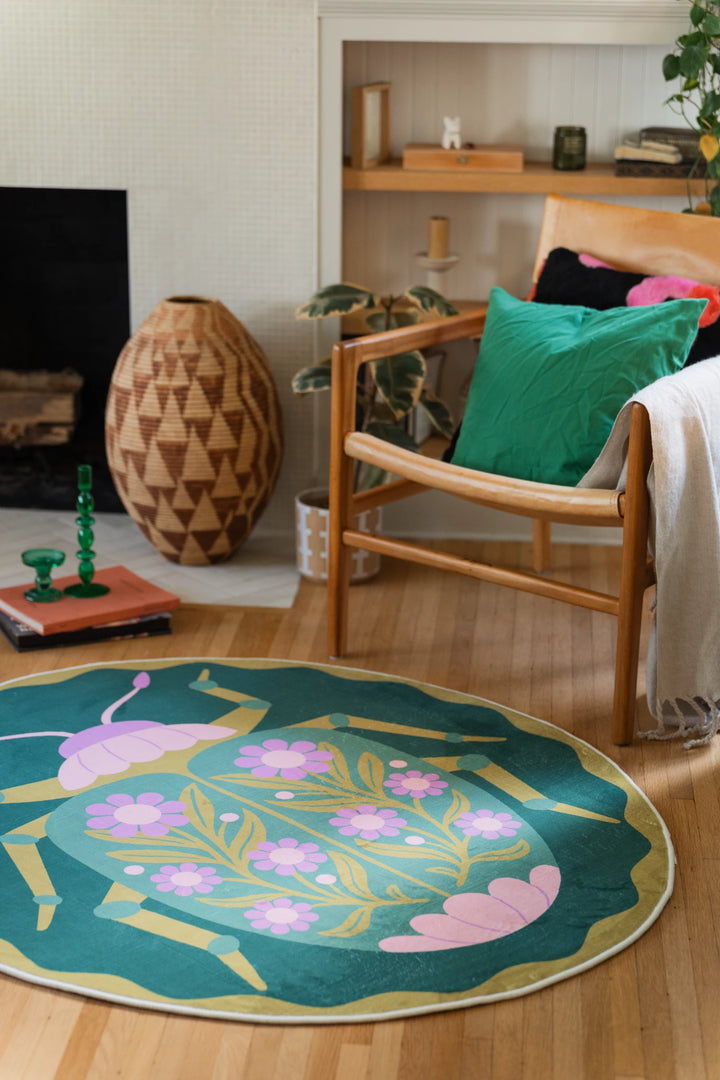 Green Graphic Beetle Floral Round Rug by Jessica Miller – Lany Space