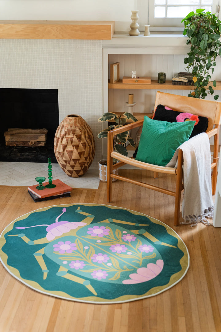 Green Graphic Beetle Floral Round Rug by Jessica Miller – Lany Space