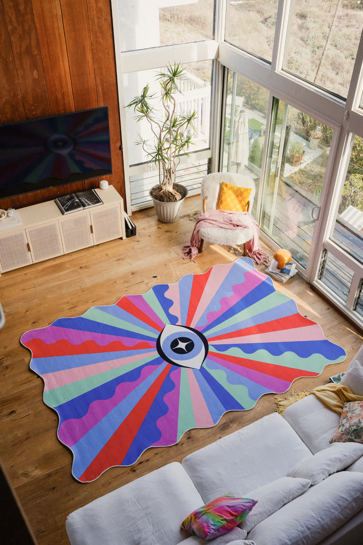 Lany Space x Jessica Miller Colorful Lazer Rays Eye Rug, 7'x10', in the living room