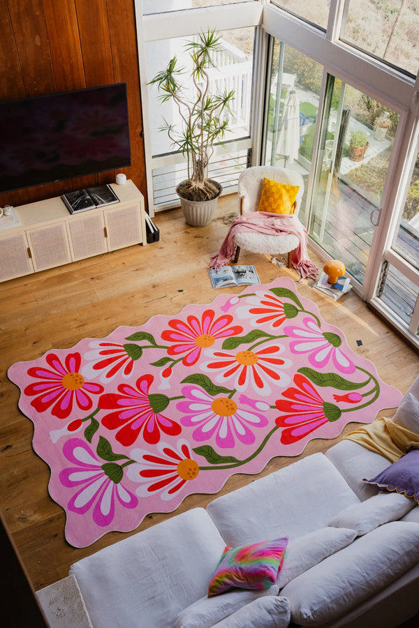 Lany Space x Jessica Miller Pink Base Pink Floral Wavy Rug, 7'x10', in the living room