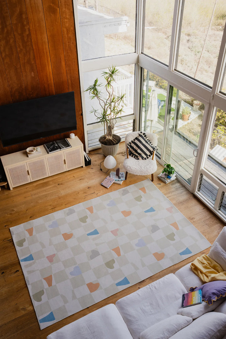Lany Space x Jonnie Li Modern Mosaic Neutral Pastel Rug in size 7' x 10' in the living room