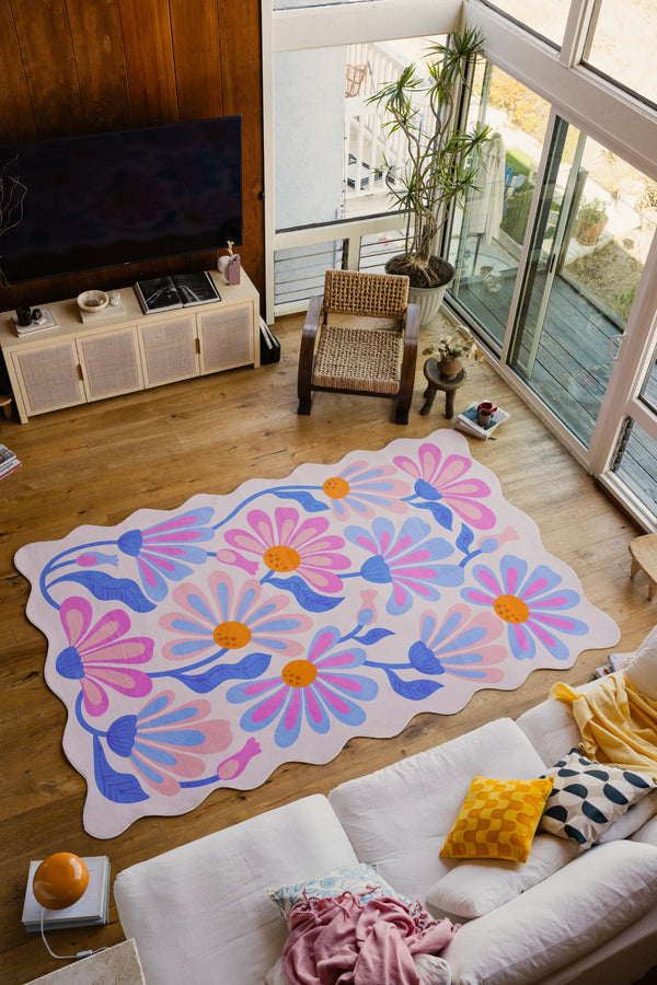 Lany Space x Jessica Miller Lavender Base Purple Floral Wavy Rug, 7'x10', in the living room