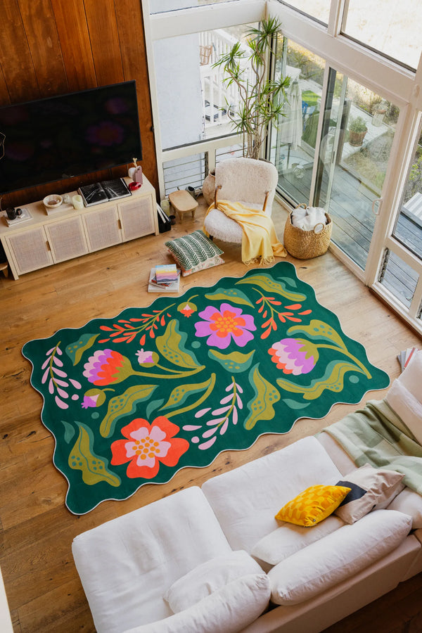Lany Space x Jessica Miller Green Base Pink Floral Wavy Rug, 7'x10', in the living room
