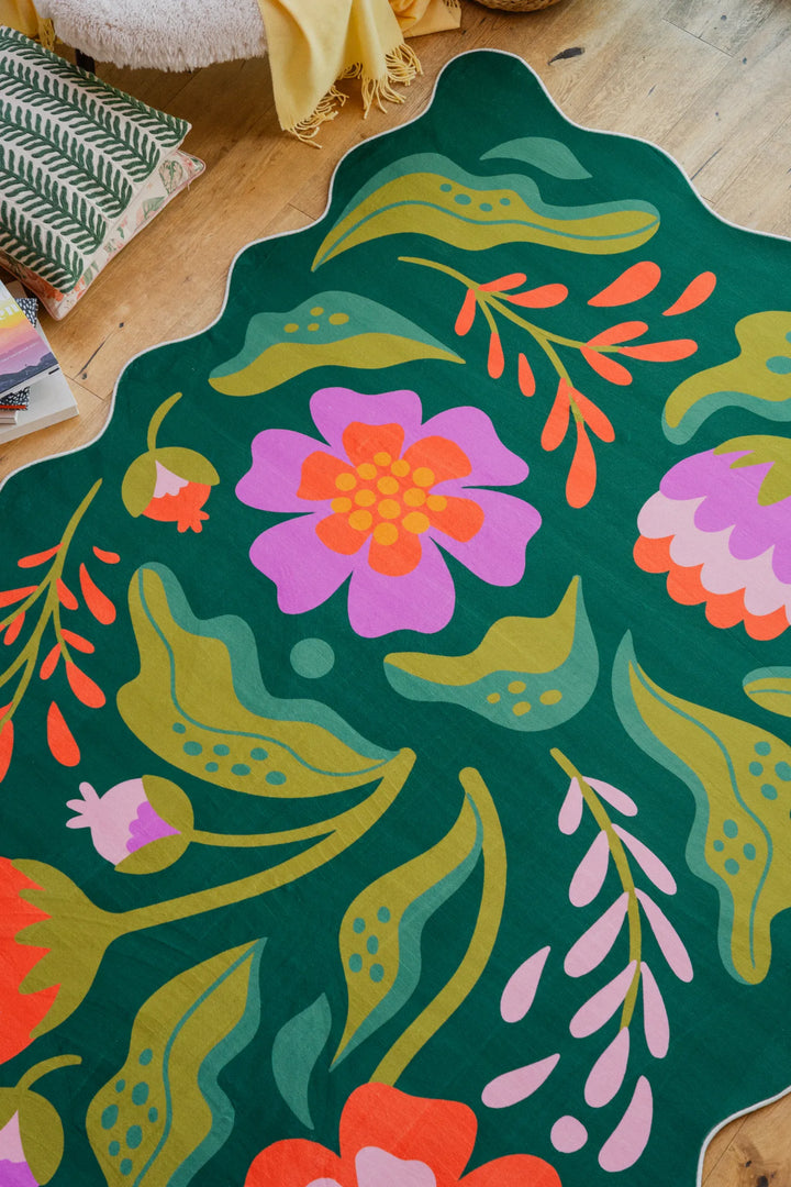 A closer look at the green rug with pink florals