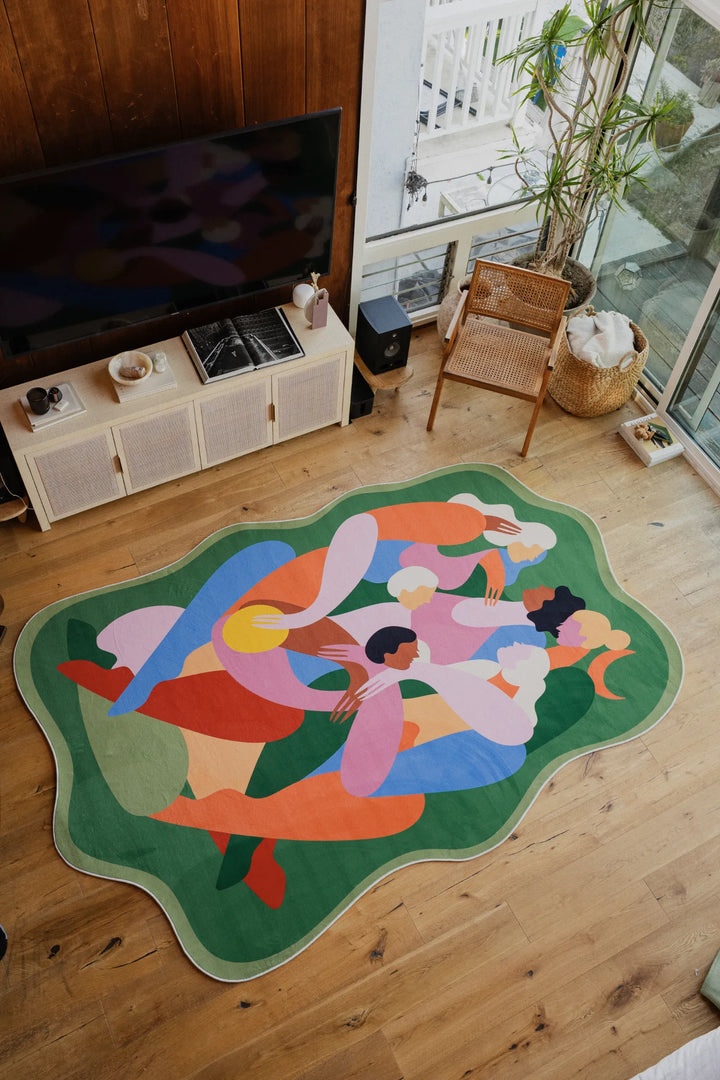 Lany Space x Maggie Stephenson Unique Shaped Harmonia Community Green Rug, 7'x10', in the living room