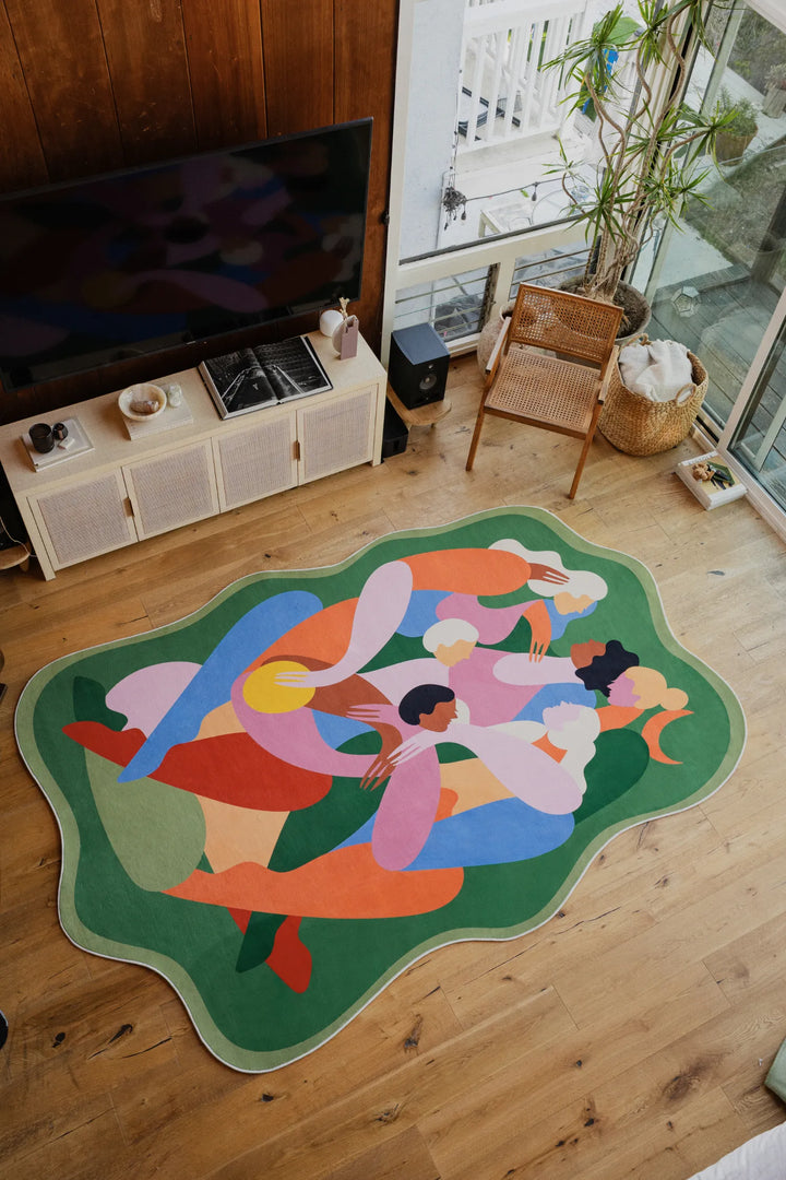 Lany Space x Maggie Stephenson Unique Shaped Harmonia Community Green Rug, 7'x10', in the living room