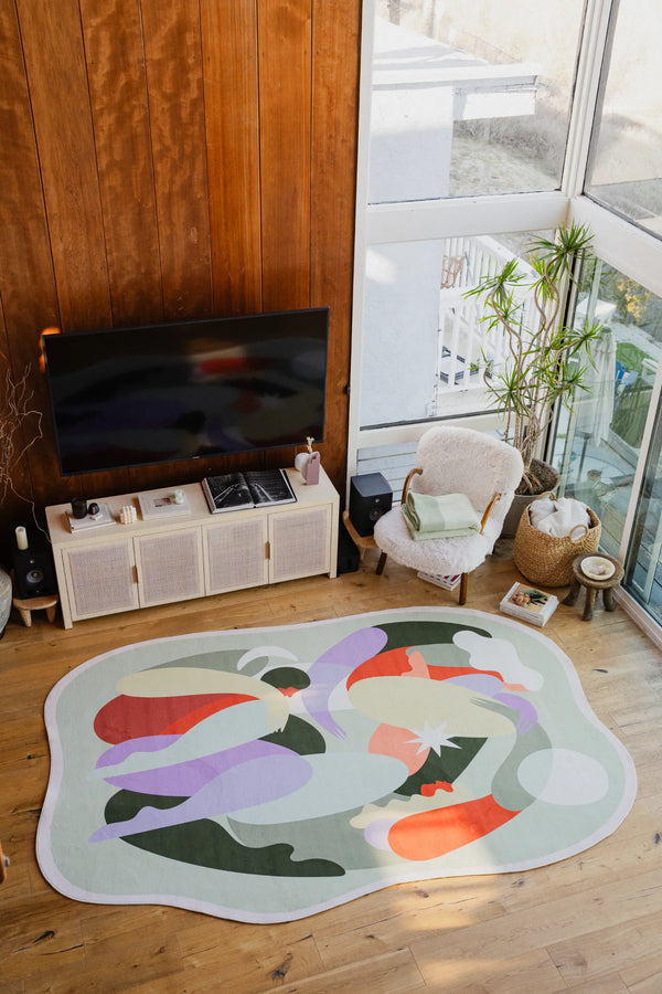 Lany Space x Maggie Stephenson Unique Shaped Moongrove Community Pastel Rug, 7'x10', in the living room