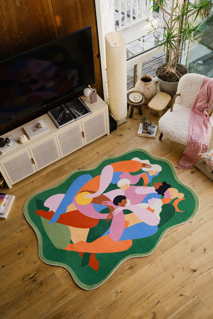 Lany Space x Maggie Stephenson Unique Shaped Harmonia Community Green Rug, 5'x7', in the living room