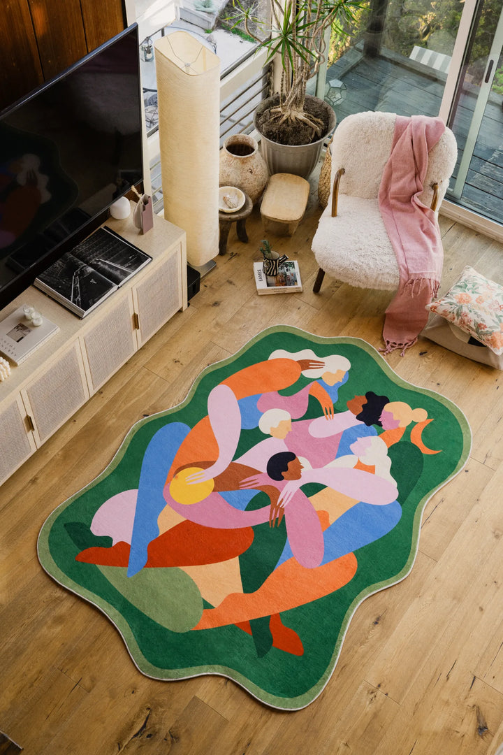 Lany Space x Maggie Stephenson Unique Shaped Harmonia Community Green Rug, 5'x7', in the living room