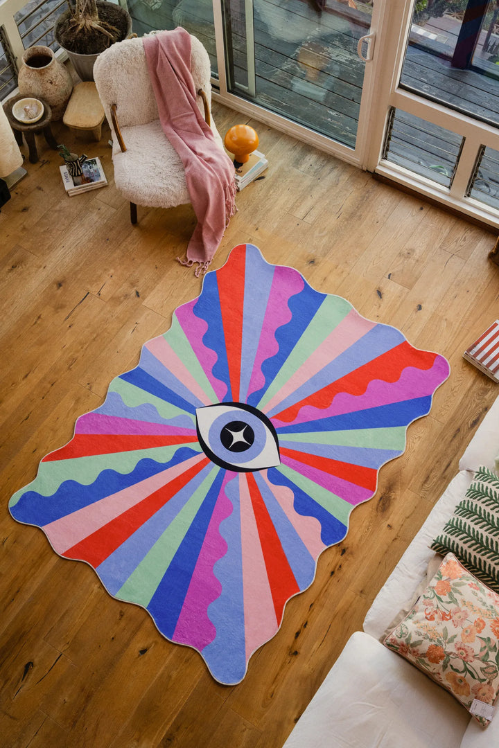 Lany Space x Jessica Miller Colorful Lazer Rays Eye Rug, 5'x7', in the living room