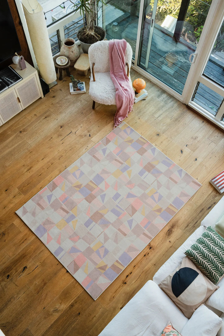 Lany Space x Jonnie Li Modern Mosaic Purple Pastel Rug in size 5' x 7' in the living room
