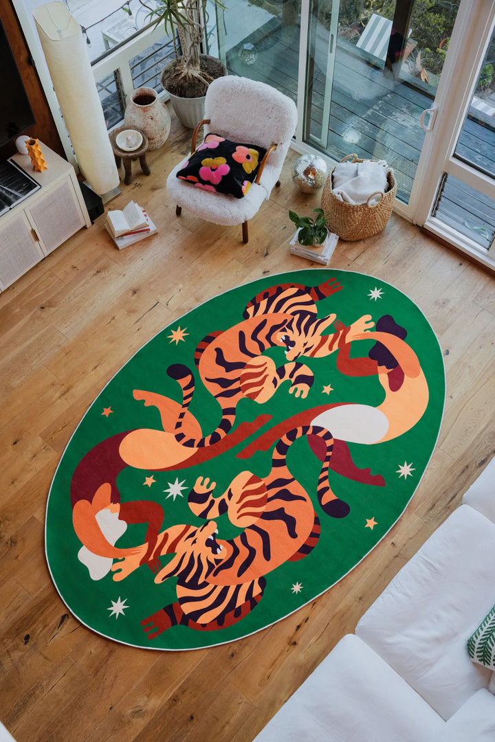 Lany Space x Maggie Stephenson Oval Wild Stars Green Rug, 6'x7', in the living room