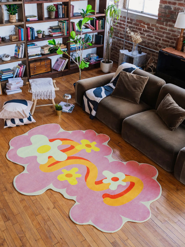 Pink Wavy Floral Shaped Irregular Rug by Shayla Goethe