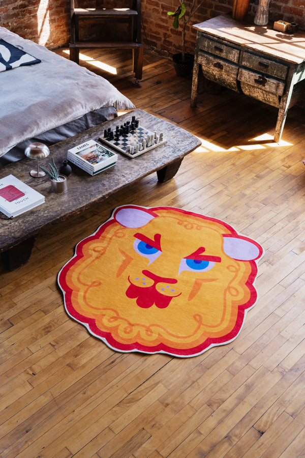 Cartoon Lion Head Shaped Irregular Rug by Shayla Goethe