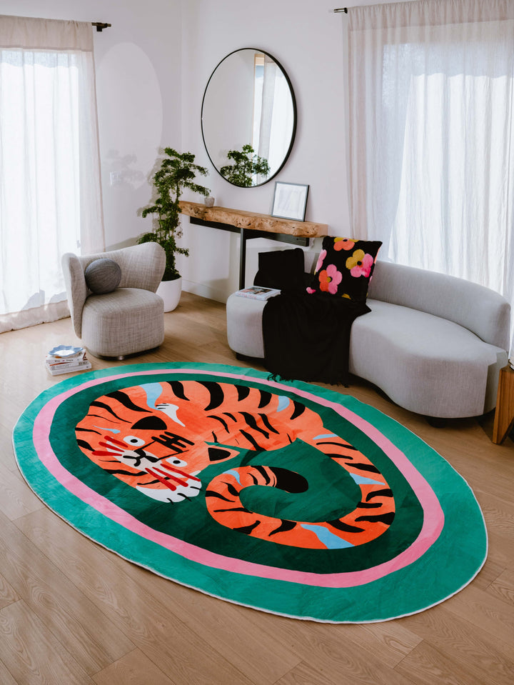 Living Room with LanySpace Designer Green Base Oval Tiger Rug