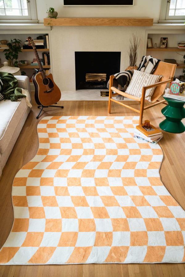 LanySpace Yellow Wavy Checkered Rug in the living room