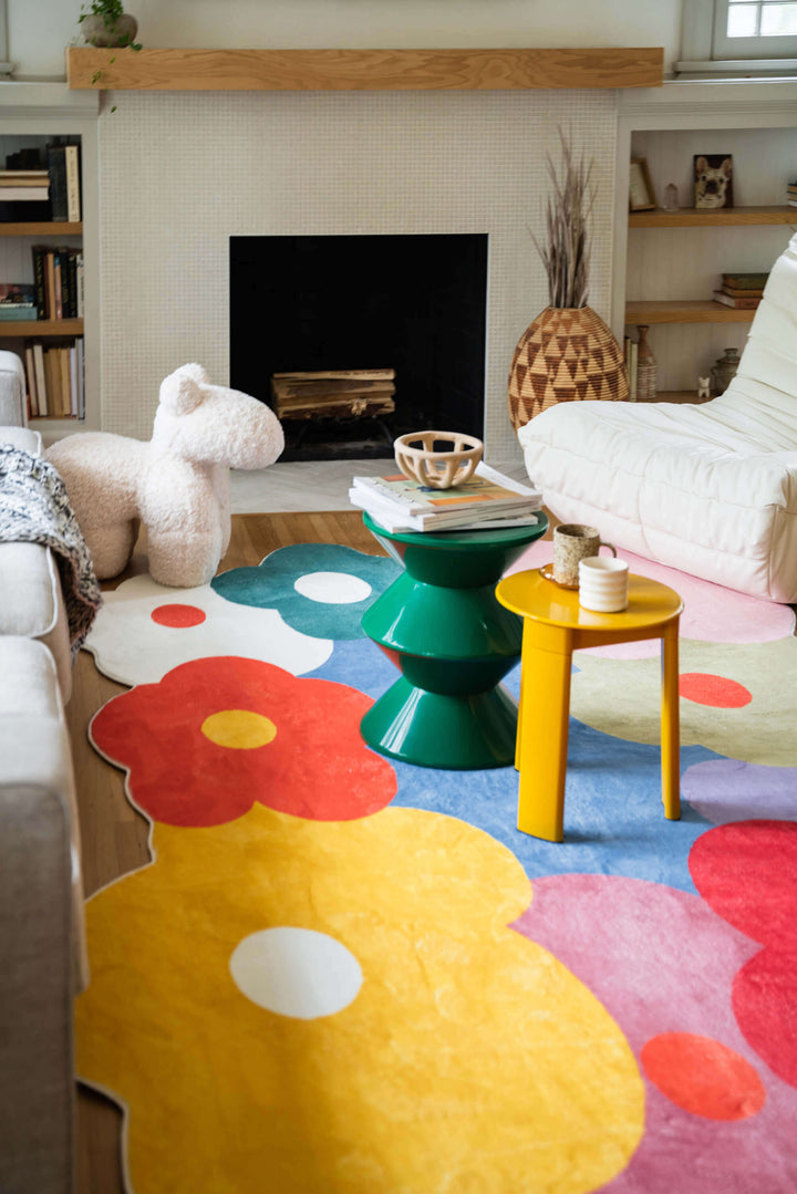 LanySpace Funky Flowers Rug in living room with tea table and Pony Chair