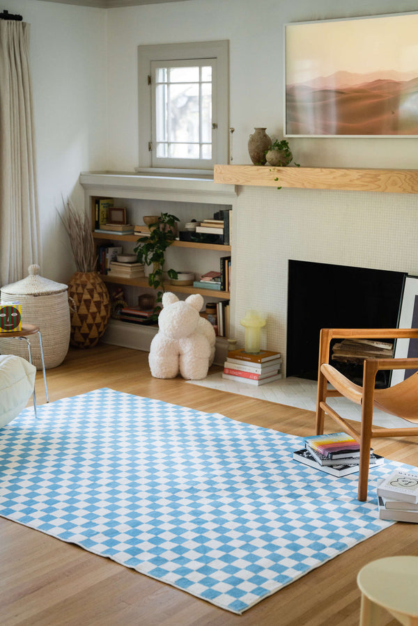 Blue Checked Rug Cozy Bedroom Rugs - Modern Carpet Collection for Sleep Spaces – Lany Space
