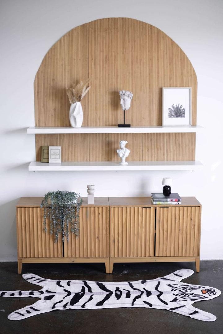 LanySpace White Tiger Print Rug in front of the cabinet
