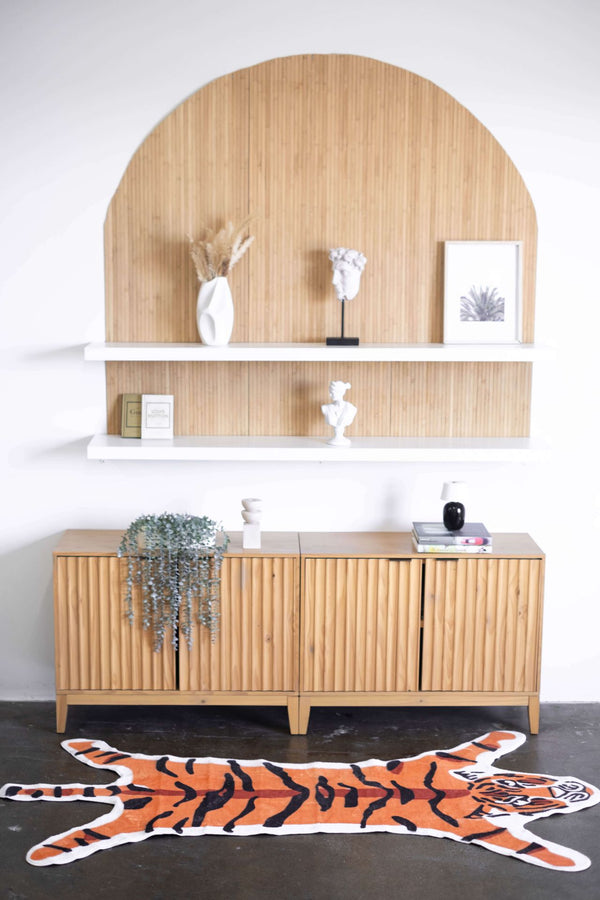 LanySpace Orange Tiger Print Area Rug in front of the cabinet