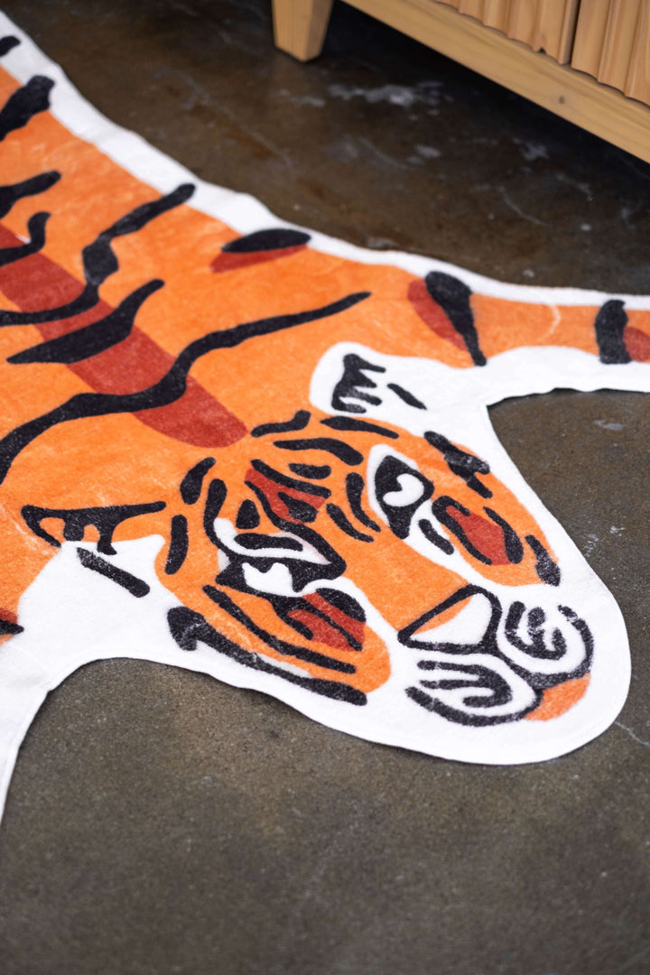 Zoom in for tiger head details on LanySpace Orange Tiger Print Rug