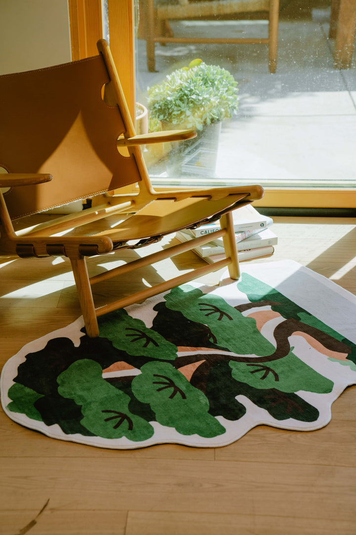 Tree runner rug catching morning sunlight, partially tucked under a wooden chair by the window.