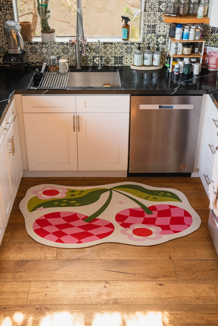 Lany Space x Jessica Miller Irregular Pink and Red Checkered Cherry Rug, 3' x 5', in the kitchen
