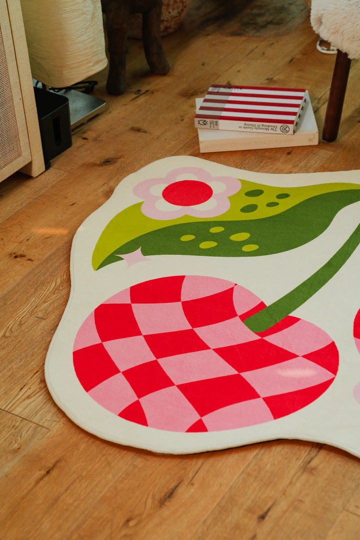 Details of Jessica Miller Irregular Pink and Red Checkered Cherry Rug