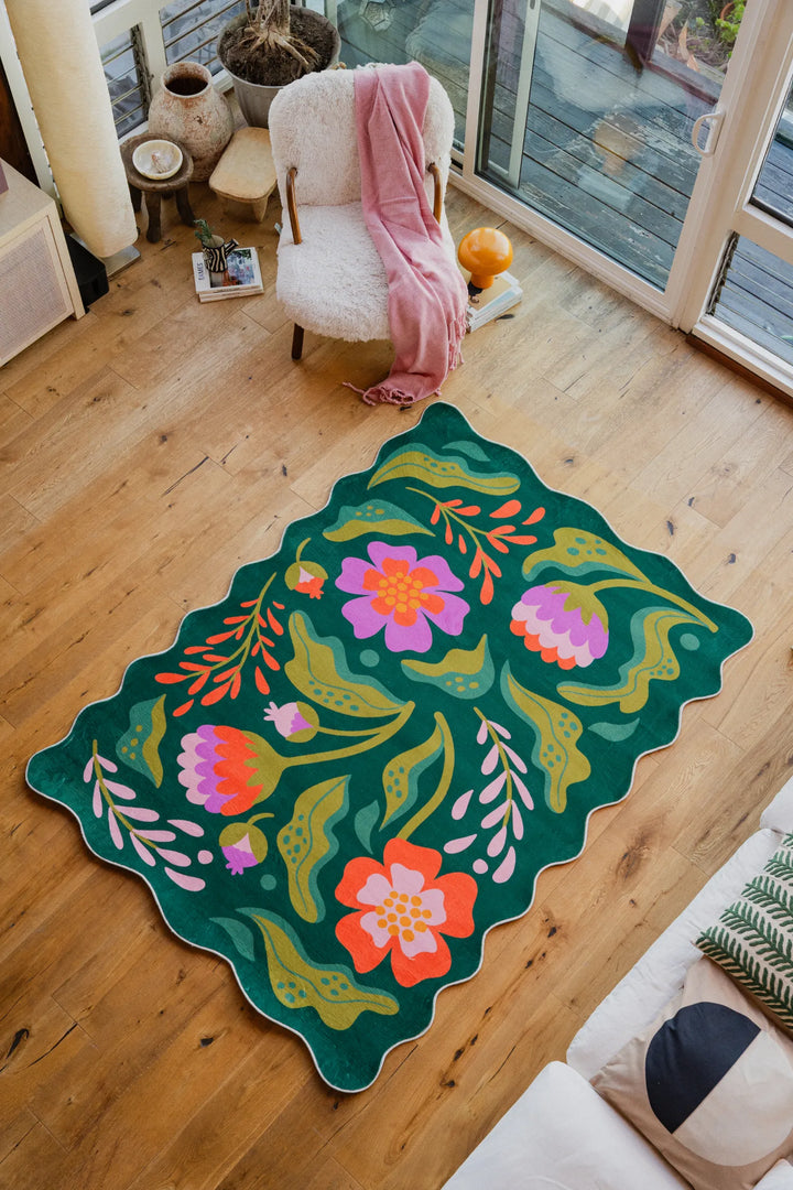 Green Base Pink Floral Wavy Rug by Jessica Miller – Lany Space